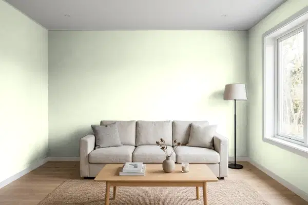 Living room with walls painted Valspar Desert Seedling 6001-5A (simulated)