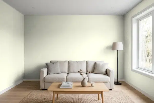 Living room with walls painted Behr Desert Springs PPU10-15 (simulated)