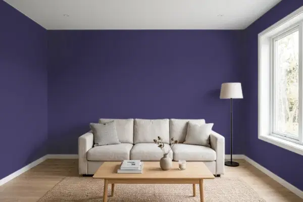 Living room with walls painted Sherwin-Williams Dewberry SW 6552 (simulated)