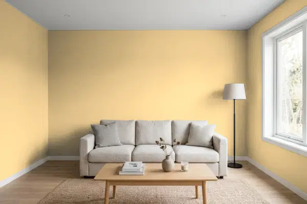 Living room with walls painted Benjamin Moore Dijon CC-210 (simulated)