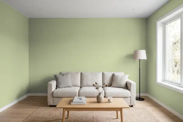 Living room with walls painted Benjamin Moore Dill Weed 481 (simulated)