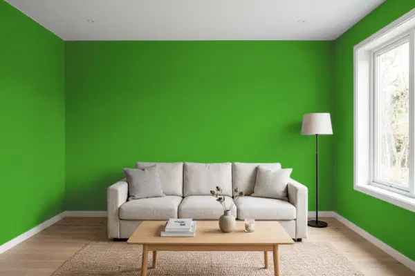 Living room with walls painted Sherwin-Williams Direct Green SW 6924 (simulated)