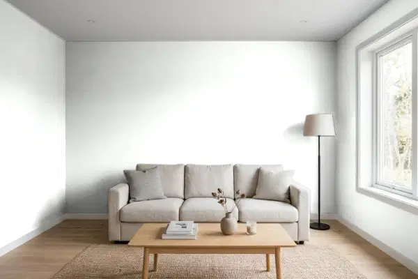 Living room with walls painted Benjamin Moore Distant Gray 2124-70 (simulated)