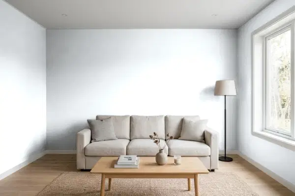 Living room with walls painted Behr Distant Windchime PPL-13 (simulated)