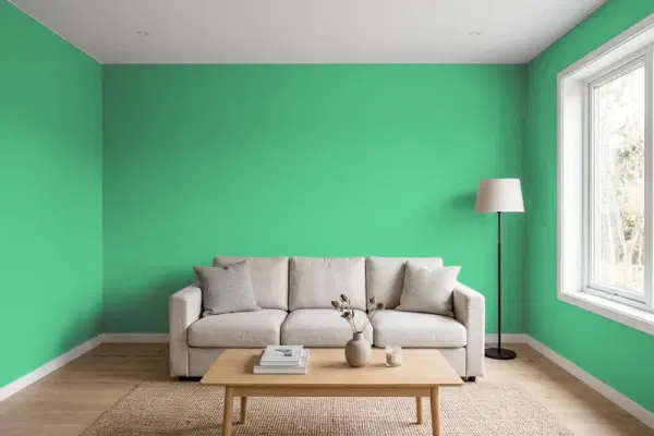 Living room with walls painted Valspar Divot 6003-10B (simulated)