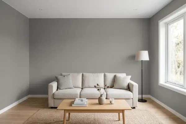 Living room with walls painted Benjamin Moore Dolphin AF-715 (simulated)