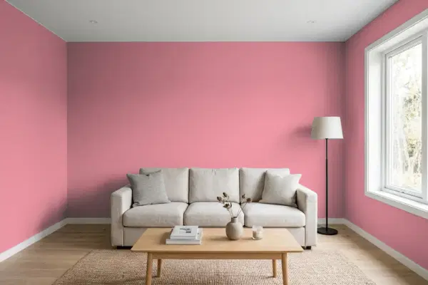 Living room with walls painted Valspar Doric Pink 1008-3C (simulated)