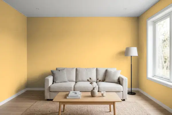 Living room with walls painted Benjamin Moore Dorset Gold HC-8 (simulated)