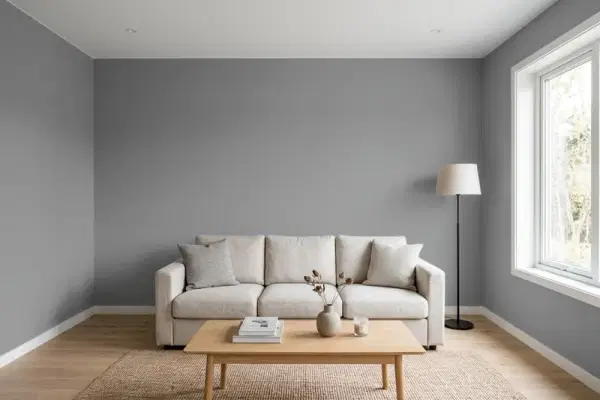 Living room with walls painted PPG Paints Dover Gray 1001-5 (simulated)