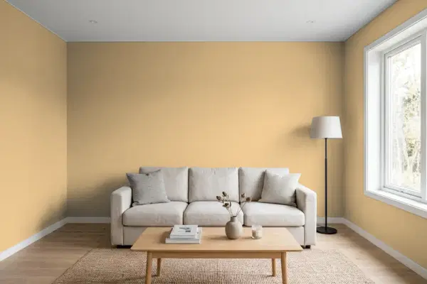 Living room with walls painted Sherwin-Williams Downing Straw SW 2813 (simulated)