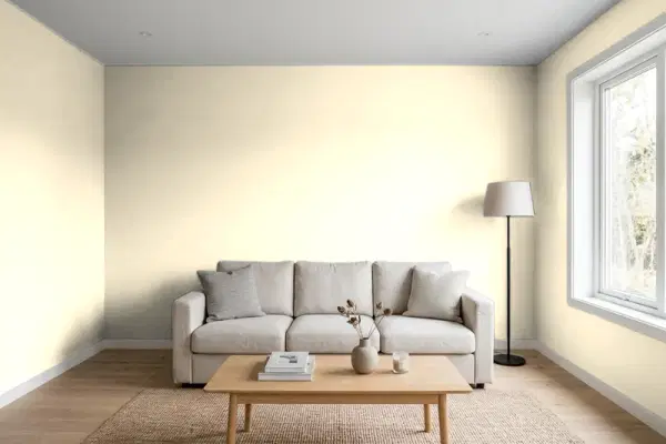 Living room with walls painted Behr Downy 350C-1 (simulated)