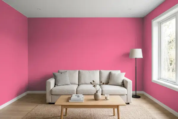 Living room with walls painted Sherwin-Williams Dragon Fruit SW 6855 (simulated)