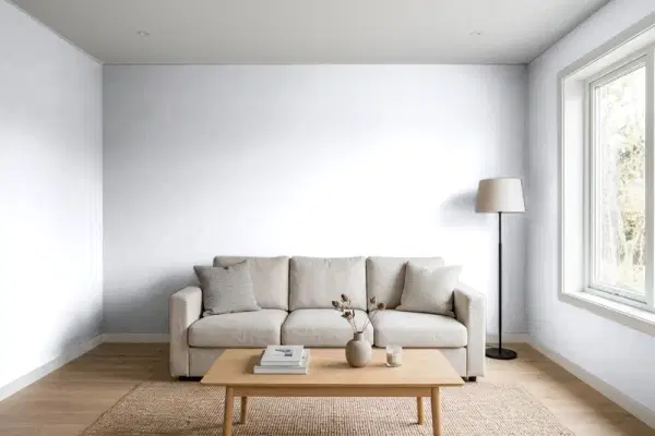 Living room with walls painted Behr Dreamy Cloud 630E-1 (simulated)