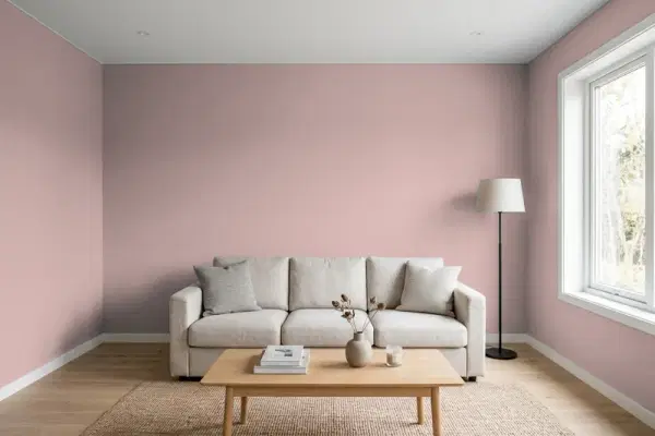 Living room with walls painted Sherwin-Williams Dressy Rose SW 6024 (simulated)