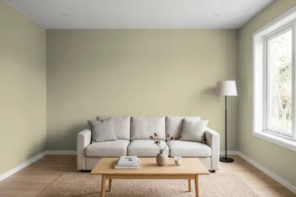 Living room with walls painted Benjamin Moore Dried Basil 1510 (simulated)