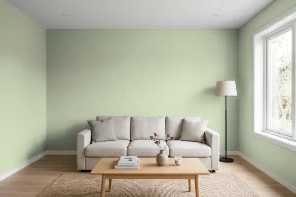 Living room with walls painted Behr Dried Chervil ICC-105 (simulated)
