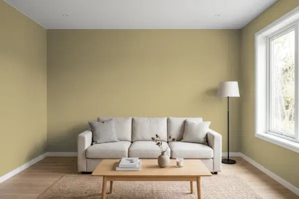 Living room with walls painted Behr Dried Chive S330-5 (simulated)