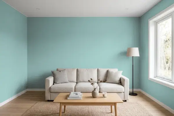 Living room with walls painted Sherwin-Williams Drizzle SW 6479 (simulated)