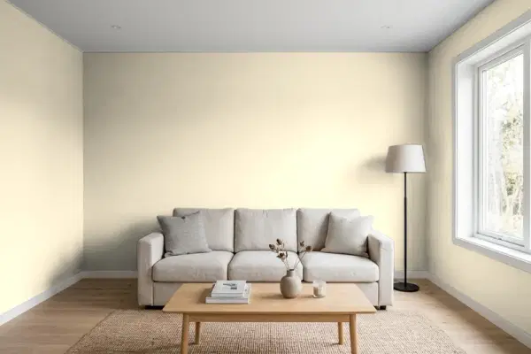 Living room with walls painted Valspar Drumskin 7003-10 (simulated)