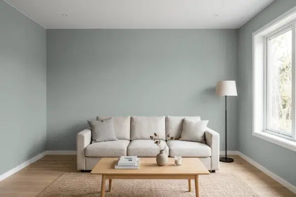 Living room with walls painted Behr Dusk Blue BXC-66 (simulated)