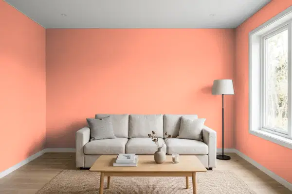 Living room with walls painted Benjamin Moore Dusk Pink 2013-40 (simulated)