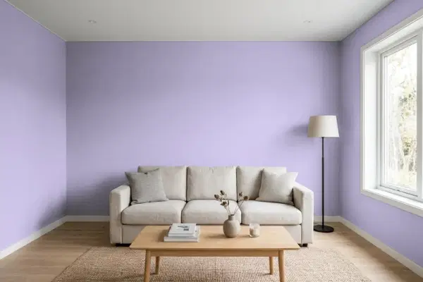 Living room with walls painted Valspar Dusky Lavender 4001-7C (simulated)