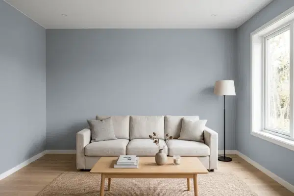 Living room with walls painted Sherwin-Williams Dustblu SW 9161 (simulated)