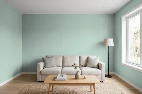 Living room with walls painted PPG Paints Dusty Aqua 10-29 (simulated)