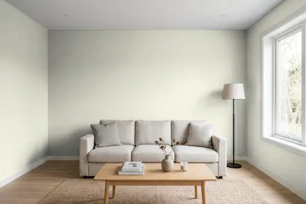 Living room with walls painted Benjamin Moore Dusty Miller CSP-755 (simulated)
