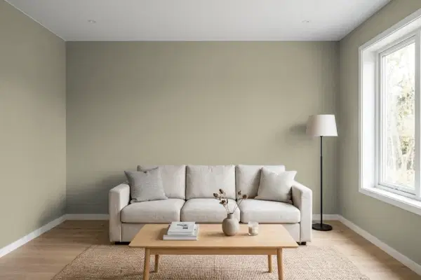 Living room with walls painted Behr Dusty Olive PPU8-20 (simulated)