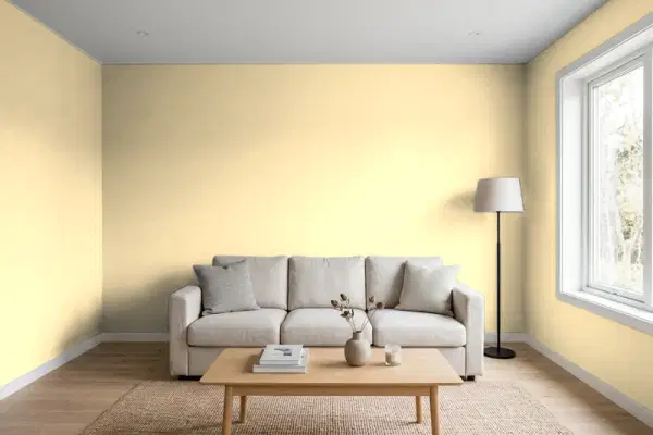 Living room with walls painted PPG Paints Dusty Yellow 1209-3 (simulated)