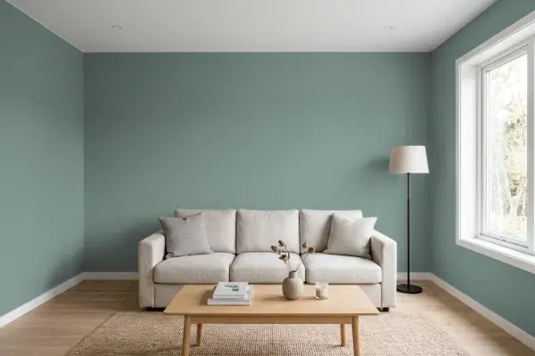 Living room with walls painted PPG Paints Dwarf Spruce 1136-6 (simulated)