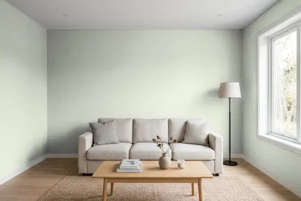 Living room with walls painted Behr Dynasty Celadon PPL-80 (simulated)