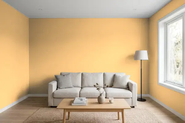 Living room with walls painted Behr Early Harvest BXC-61 (simulated)