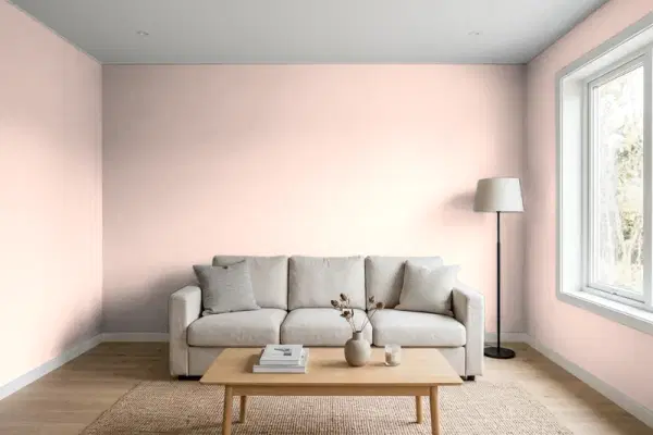 Living room with walls painted Benjamin Moore East Lake Rose 043 (simulated)