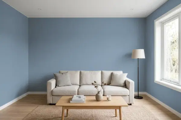 Living room with walls painted Behr Eastern Bluebird PMD-54 (simulated)