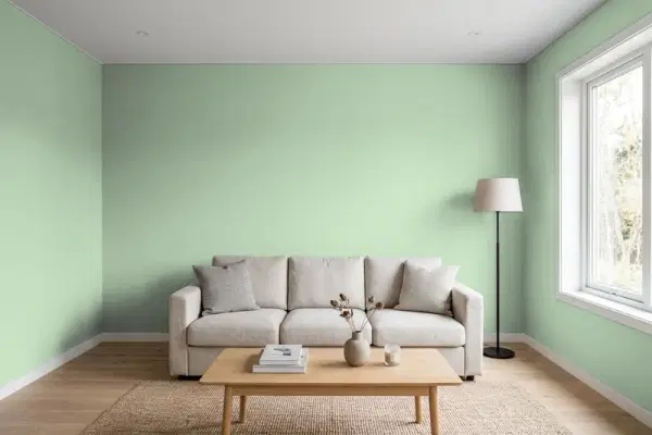 Living room with walls painted Sherwin-Williams Easy Green SW 6450 (simulated)