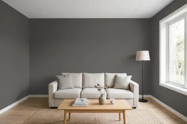 Living room with walls painted Valspar Ebony Field 4004-2C (simulated)