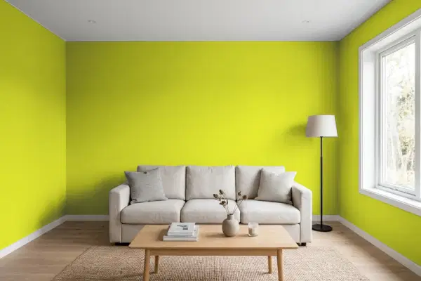 Living room with walls painted Benjamin Moore Eccentric Lime 2027-30 (simulated)