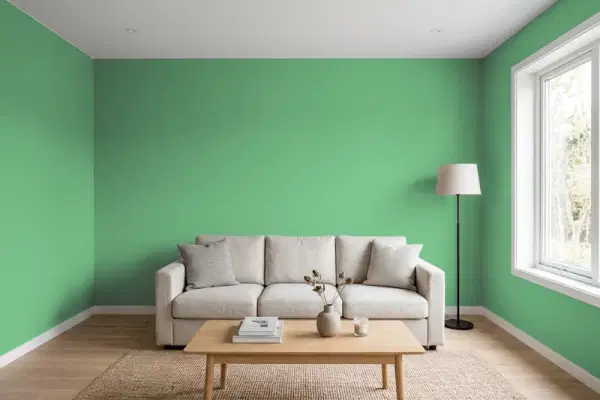 Living room with walls painted Sherwin-Williams Eco Green SW 6739 (simulated)