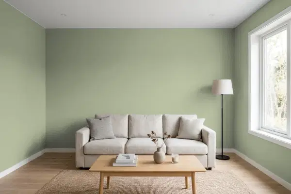 Living room with walls painted PPG Paints Edamame 1030-4 (simulated)