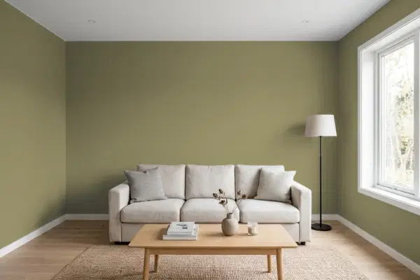 Living room with walls painted Sherwin-Williams Edamame SW 7729 (simulated)