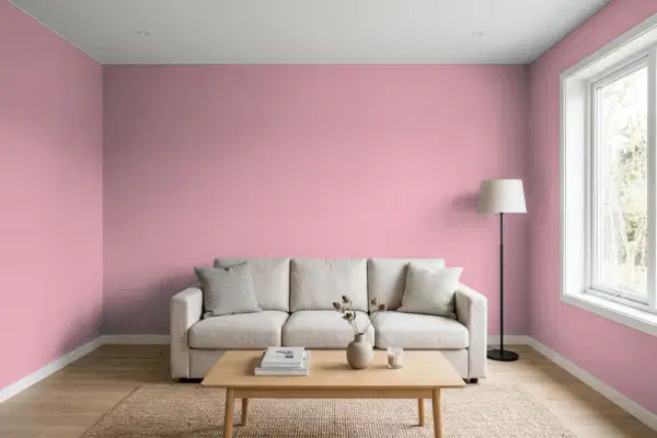 Living room with walls painted Valspar Edwardian Rose 1007-5C (simulated)