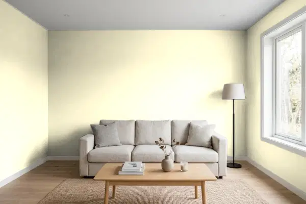 Living room with walls painted Behr Effervescent P310-1 (simulated)
