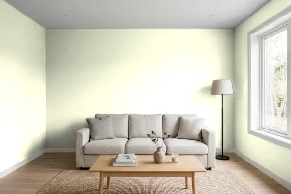 Living room with walls painted Benjamin Moore Eggshell 2026-70 (simulated)