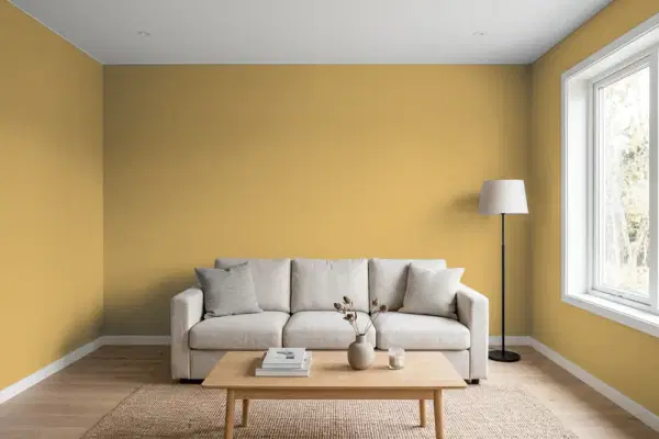 Living room with walls painted Benjamin Moore El Sereno Gold 223 (simulated)