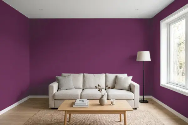 Living room with walls painted Benjamin Moore Elderberry Wine CSP-470 (simulated)