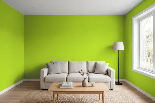 Living room with walls painted Sherwin-Williams Electric Lime SW 6921 (simulated)