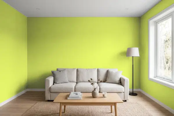 Living room with walls painted Benjamin Moore Electric Slide 404 (simulated)