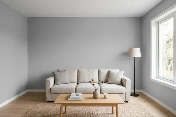 Living room with walls painted Behr Elemental Gray PPU26-06 (simulated)